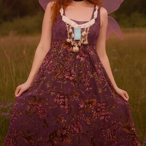 T Bleu 7 Roses Elegant Floral Midi Dress in Purple and Cream